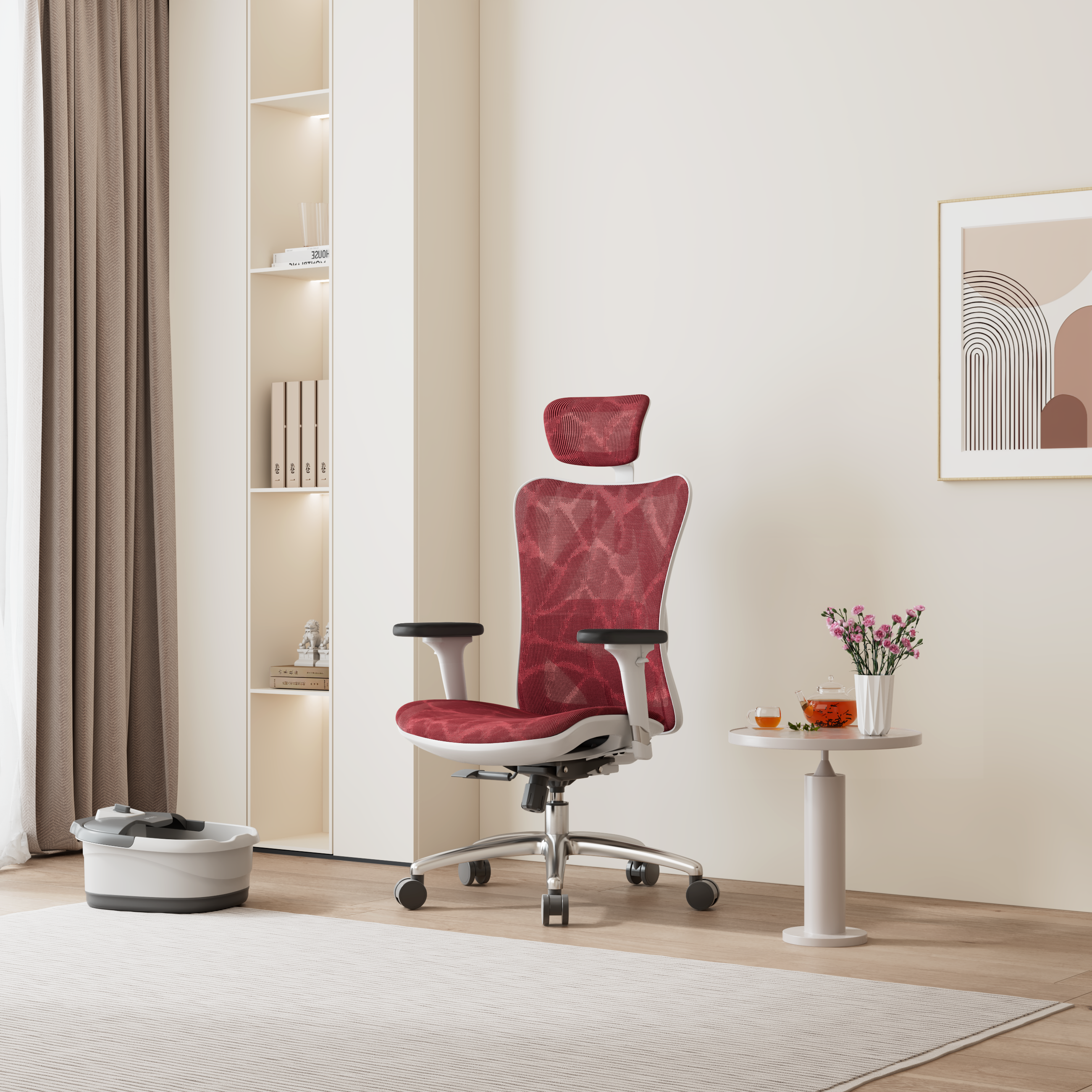 A red Sihoo M57 Limited Edition ergonomic office chair with a high-quality mesh upholstery, without footrest, positioned in a modern office setting.