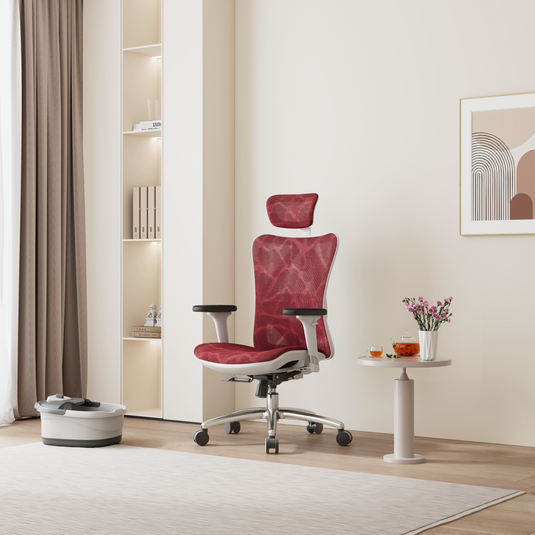 A red Sihoo M57 Limited Edition ergonomic office chair with a high-quality mesh upholstery, without footrest, positioned in a modern office setting.