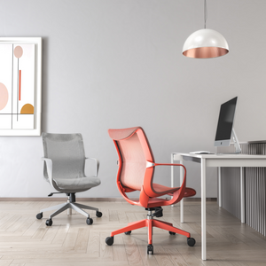 A red full mesh mid-back office chair with an adjustable up-down and back tilting mechanism, chrome gaslift, and white PU castors, positioned in a modern office setting.