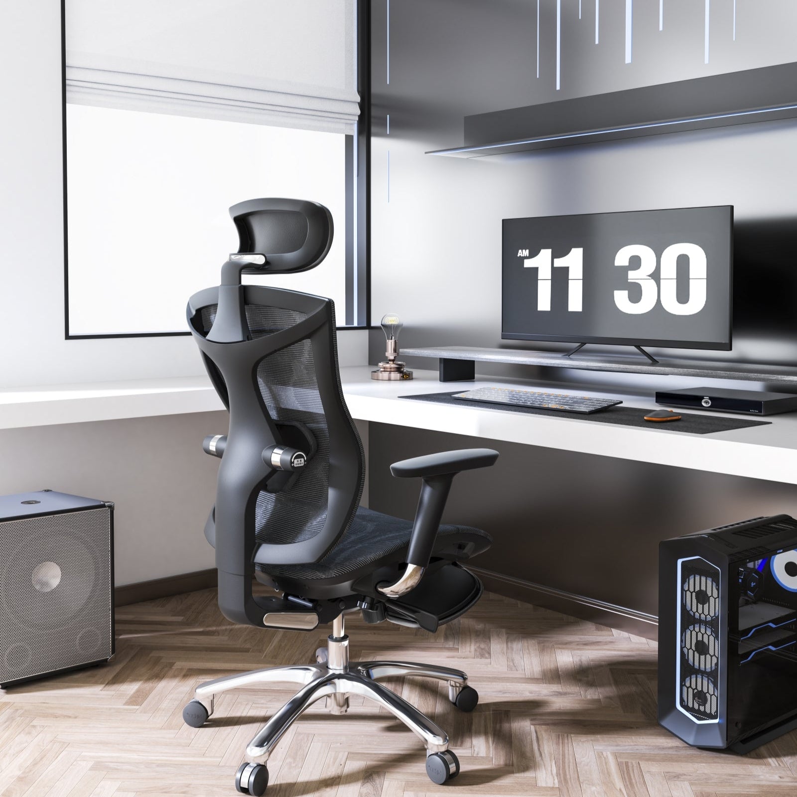 An ergonomic chair with built-in footrest positioned in a modern office setting, featuring a high-back design, aluminum armrests, and a mesh cover.